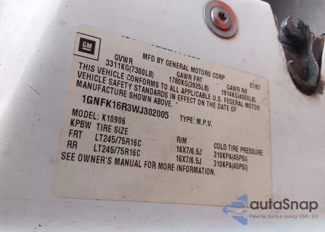 1998 Chevrolet Suburban 1500 from USA, damaged, VIN 1GNFK16R3WJ302005